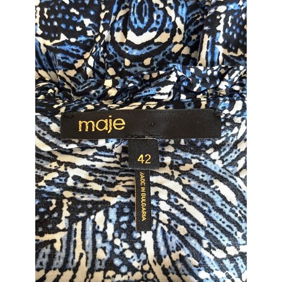 Maje Dress Size 42 / Large Printed Viscose Smocking Ruffle Indigo Black $385 - Picture 11 of 13